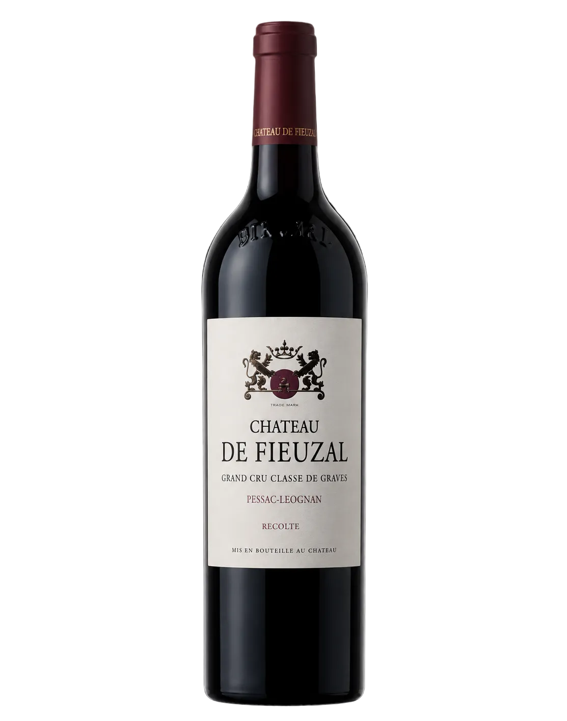 A bottle of Château de Fieuzal red wine on a solid black background.