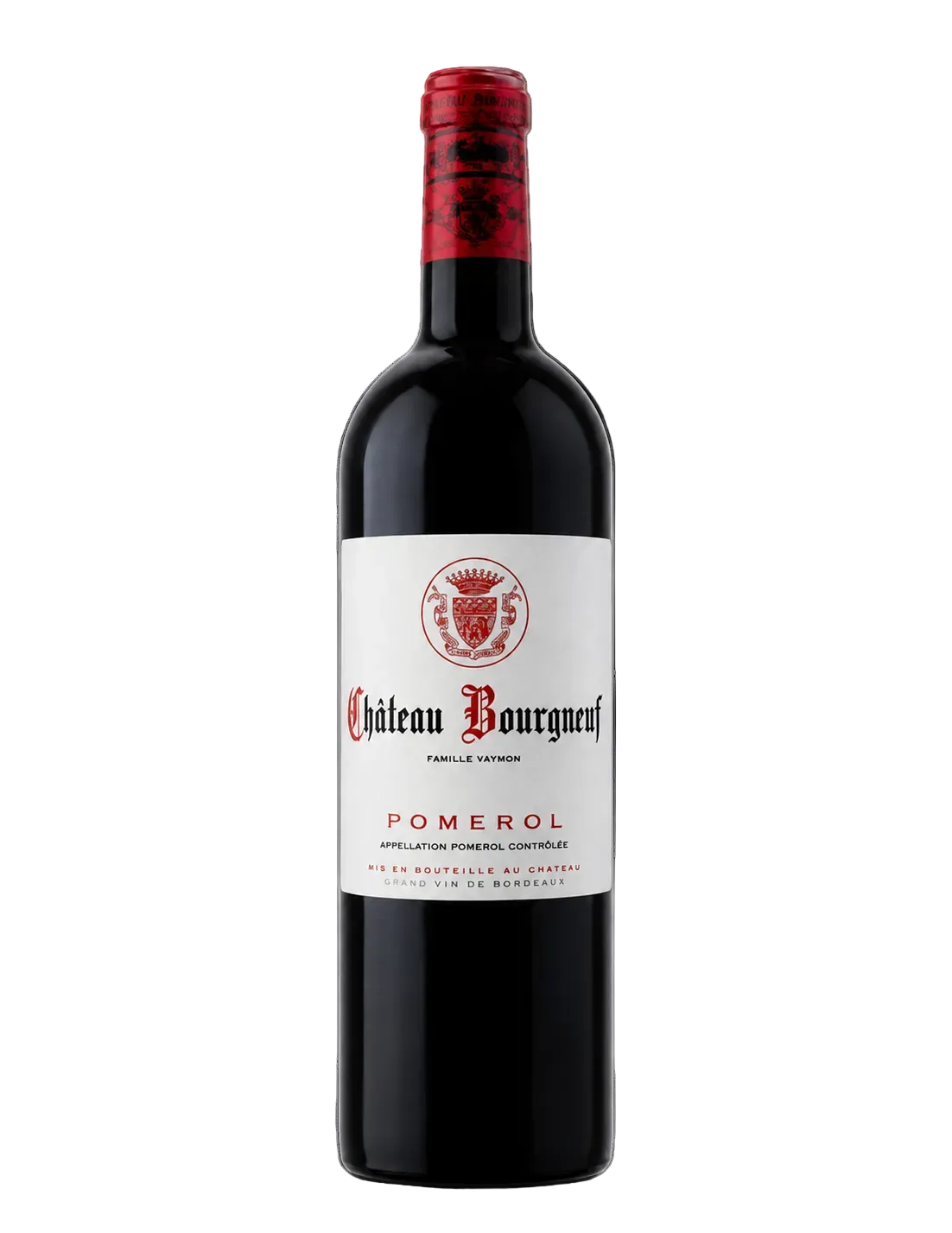 A bottle of Château Bourgogne Pomerol red wine against a solid black background.