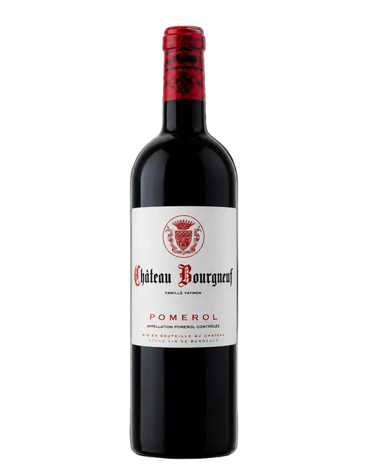A bottle of Château Bourgogne Pomerol red wine against a solid black background.