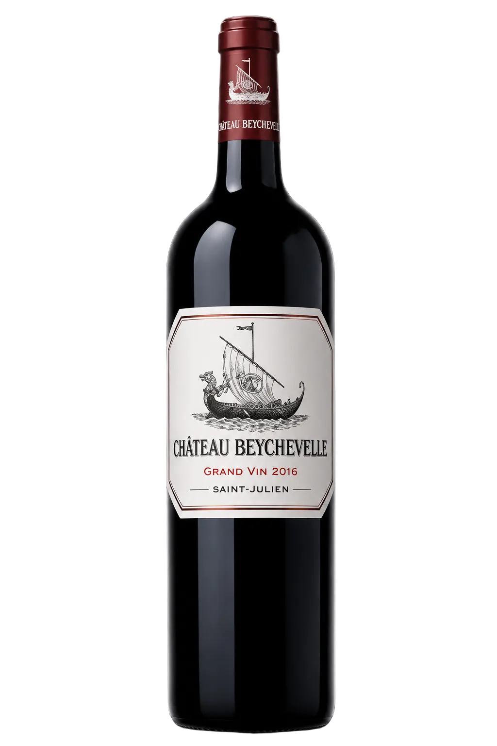 A bottle of Château Beychevelle Grand Vin 2019 Saint-Julien red wine, featuring a dark glass bottle