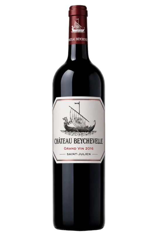 A bottle of Château Beychevelle Grand Vin 2019 Saint-Julien red wine, featuring a dark glass bottle